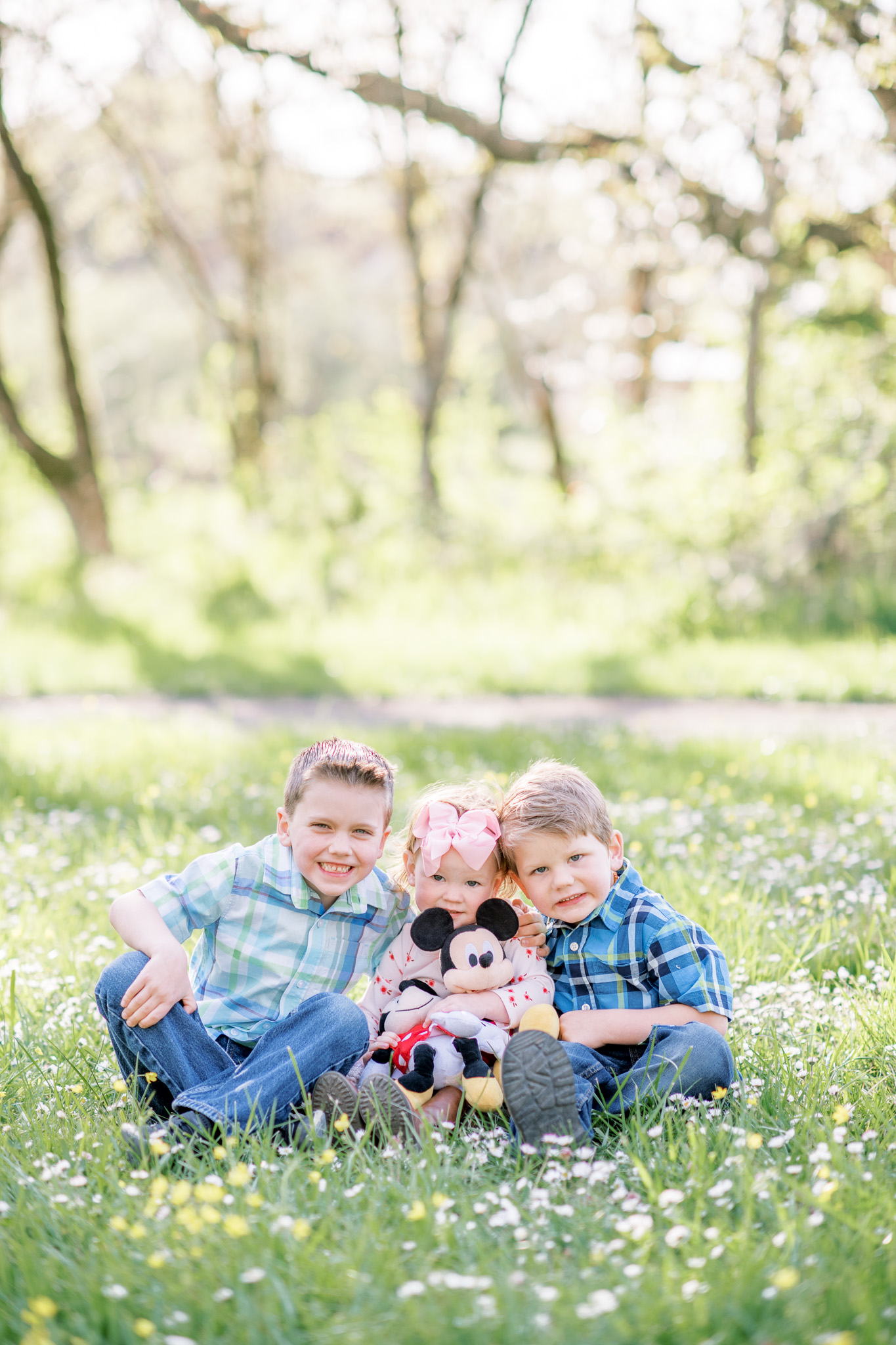 A two, four, and six year old sit in the spring grass with their arms around each other. The youngest, a girl, is in between her two older brothers while she hugs her stuffed Mickey Mouse toy. Small white flowers surround the three kids while the sun is shining through the trees behind them.